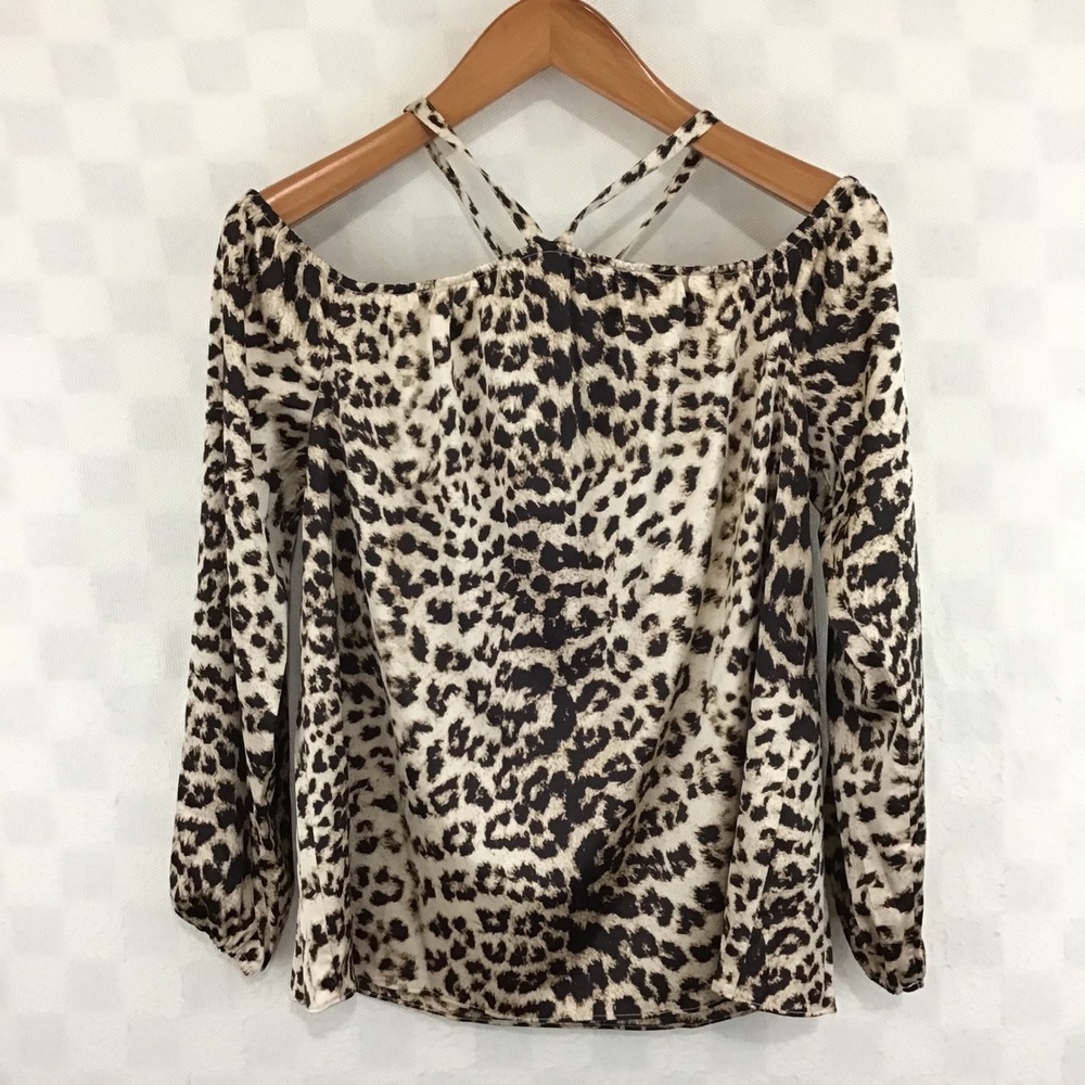 INC International Concepts Leopard Cold Shoulder Halter Blouse Brown Black Small